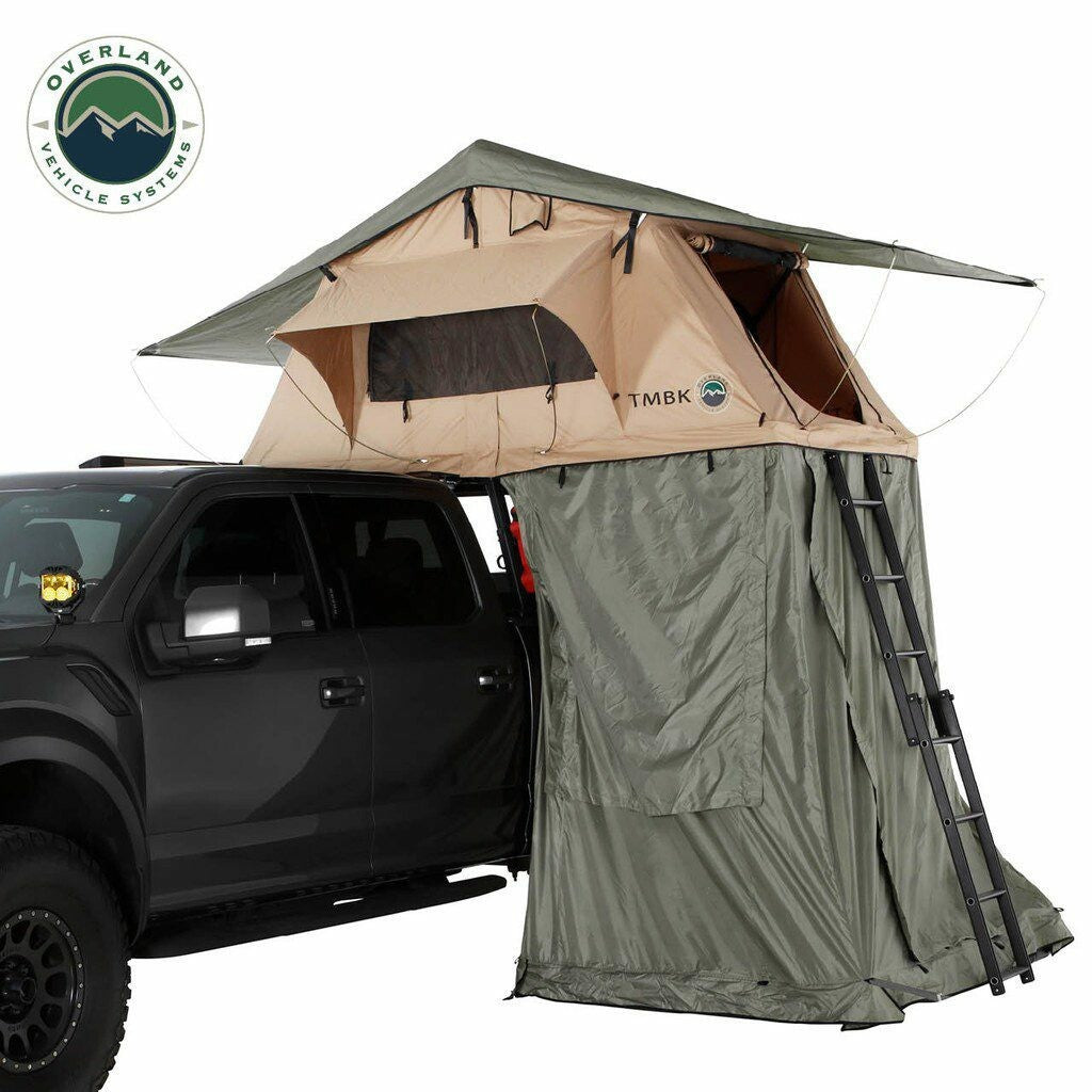 Overland Vehicle Systems LD TMBK 3 Roof Top Tent With Annex - Tan Base With Green Rain Fly, Black Aluminum Base, Black Ladder - 18119733